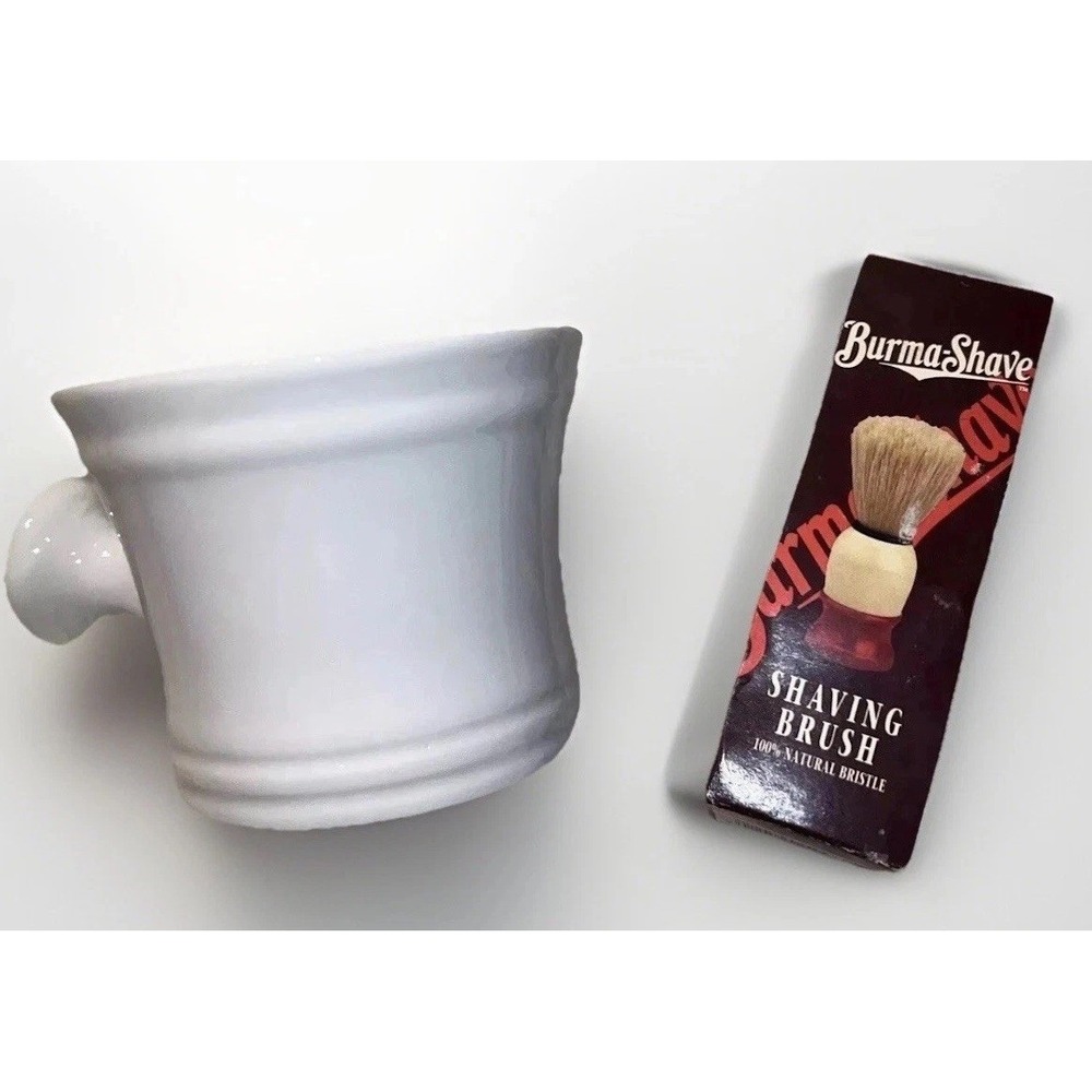 2009 Bandwagon White Ceramic Shaving Cup Mug & Burma-Shave Shaving Brush Set
